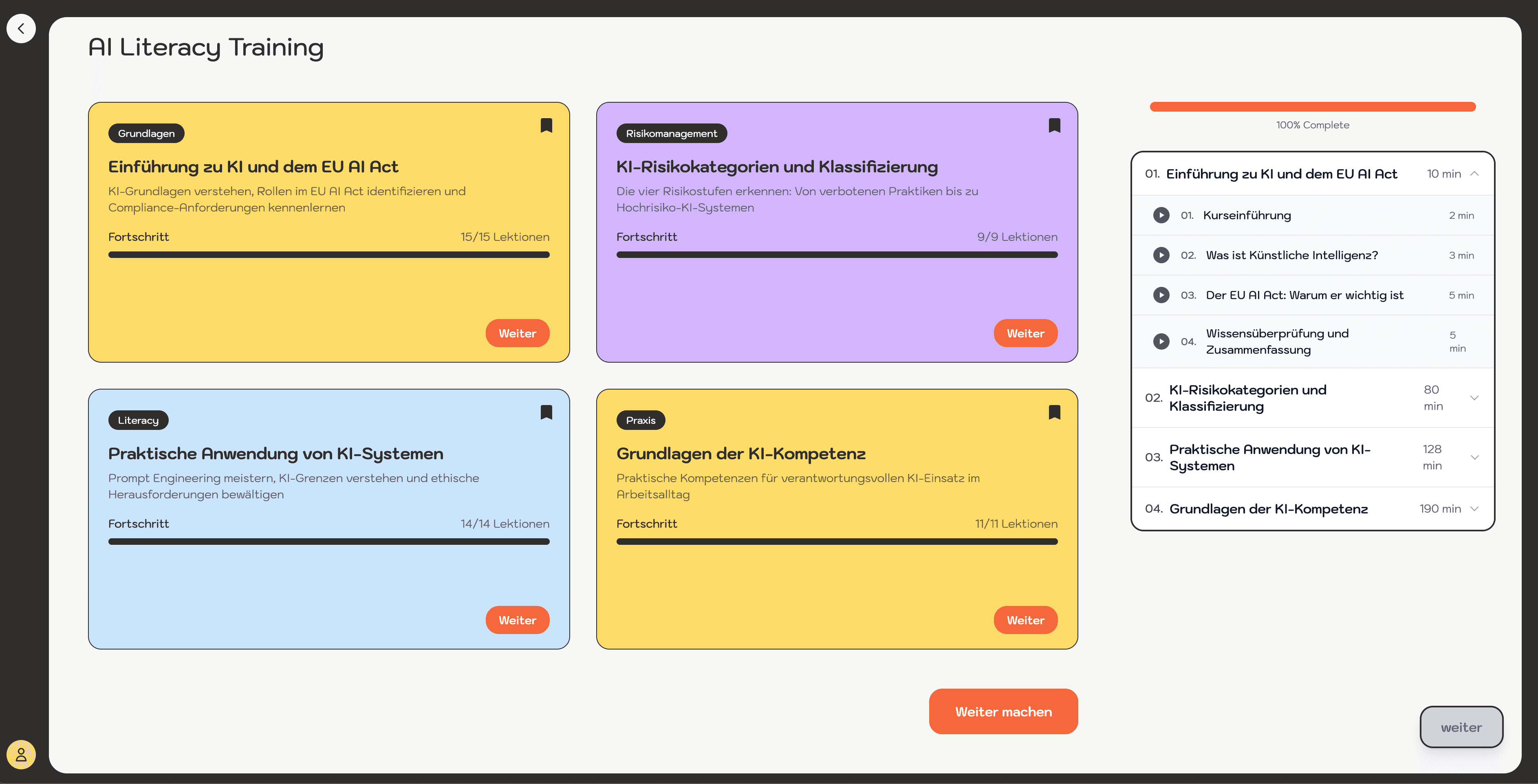 KI Online-Kurs Plattform Dashboard - Unternehmens-Learning-Management-System für EU AI Act Compliance